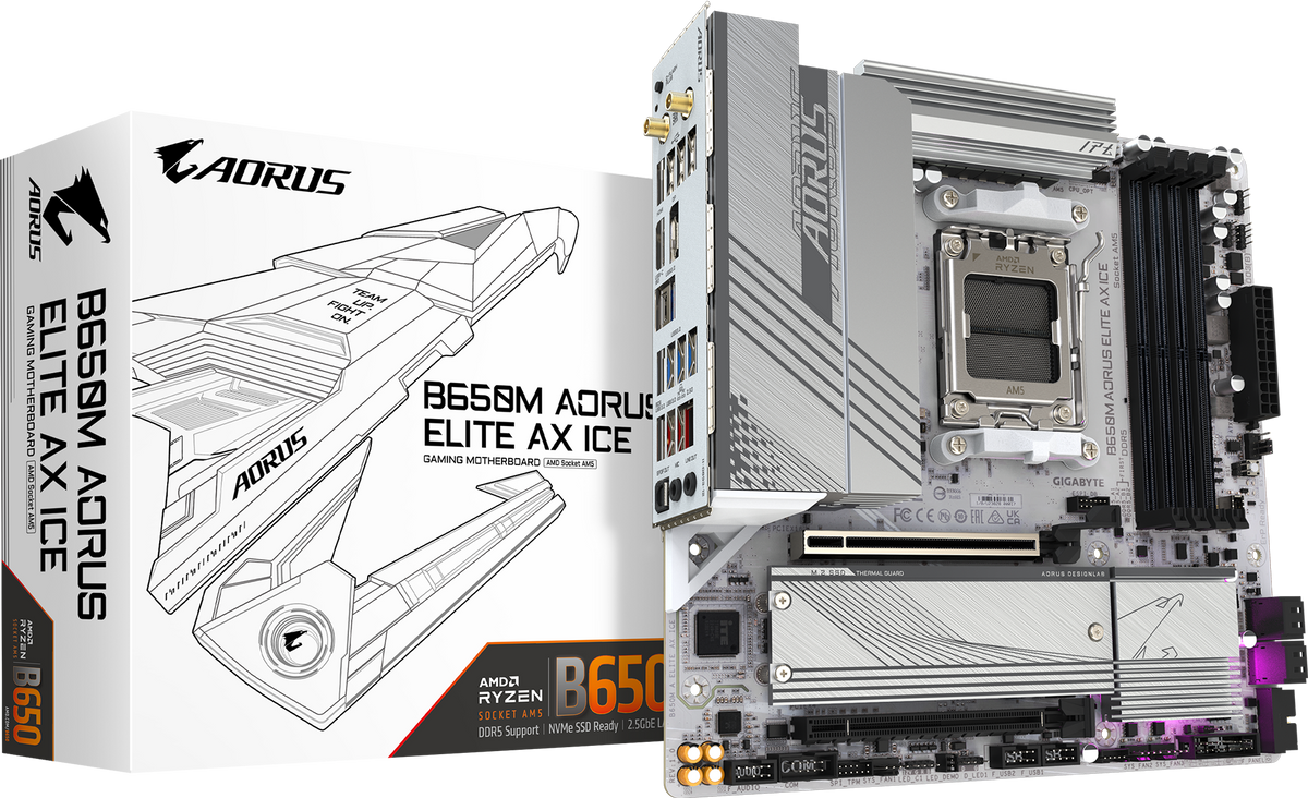 Gigabyte B650M AORUS ELITE AX ICE DDR5 ona plata, AM5, oq rang, Micro-ATX