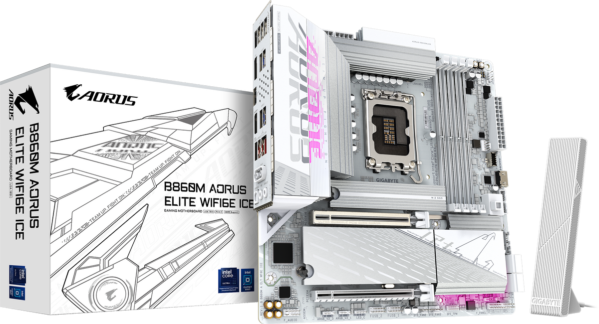 Gigabyte B860M AORUS ELITE WIFI6E ICE DDR5 ona plata, LGA1851, oq rang, Micro-ATX