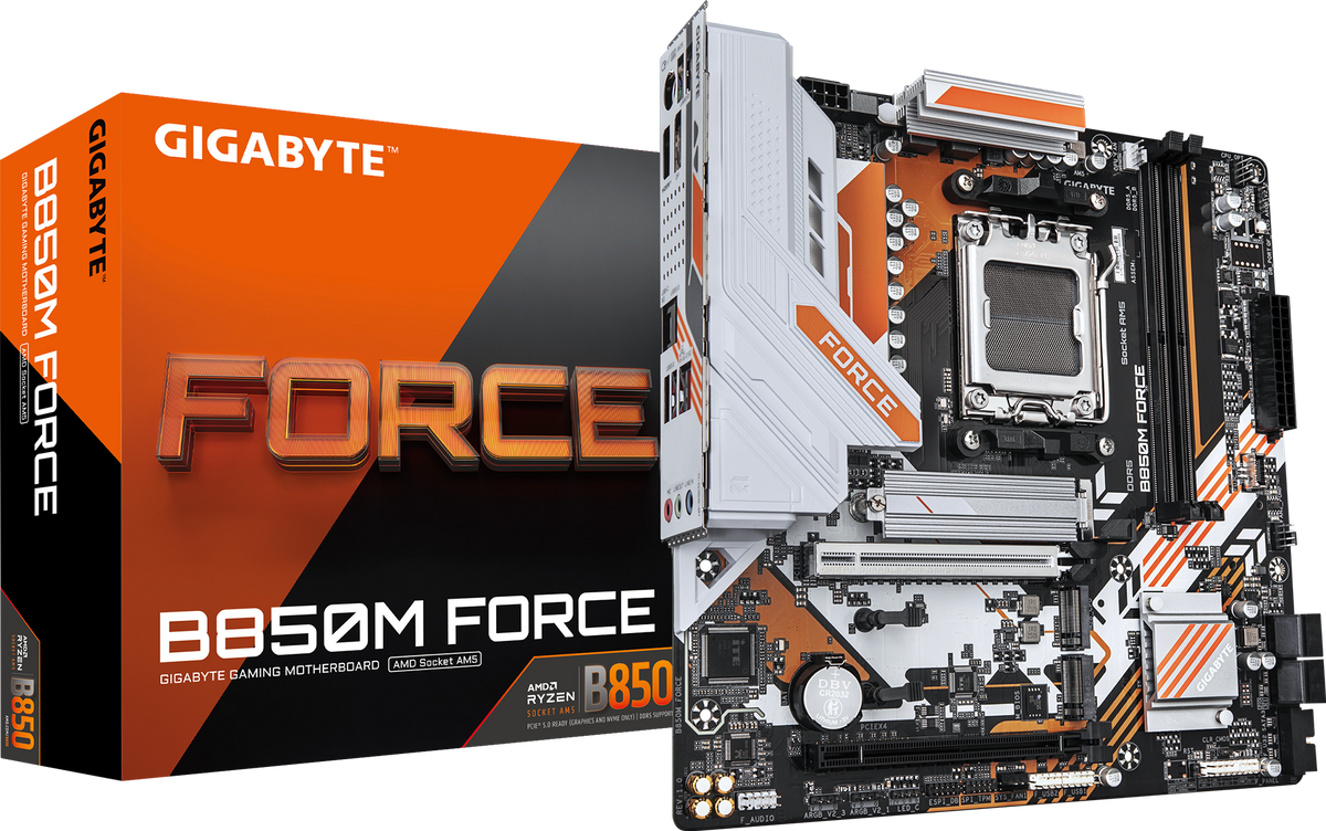 Gigabyte B850M FORCE DDR5 ona plata, AM5, 3 ta M.2, Micro-ATX