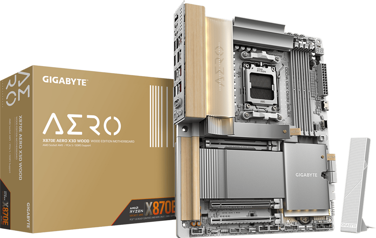 Gigabyte X870E AERO X WOOD DDR5 ona plata, AM5, yog'och panel, 2 x 5G LAN, ATX
