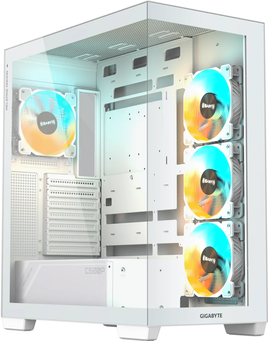 Gigabyte C500PI ST oq ATX korpus, ARGB kulerlar va shishali yon panel