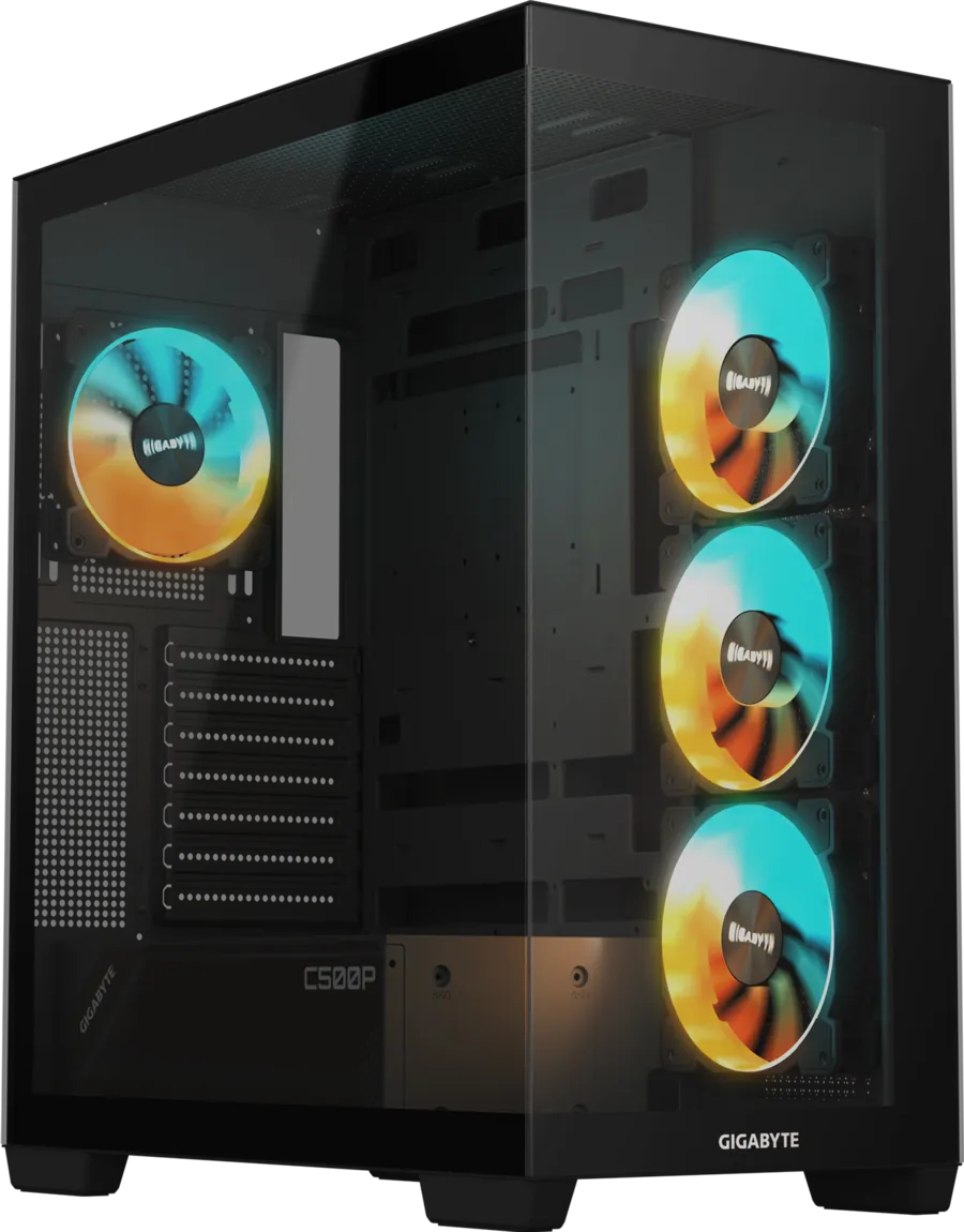 Gigabyte C500P ST qora ATX korpus, ARGB kulerlar va shishali yon panel