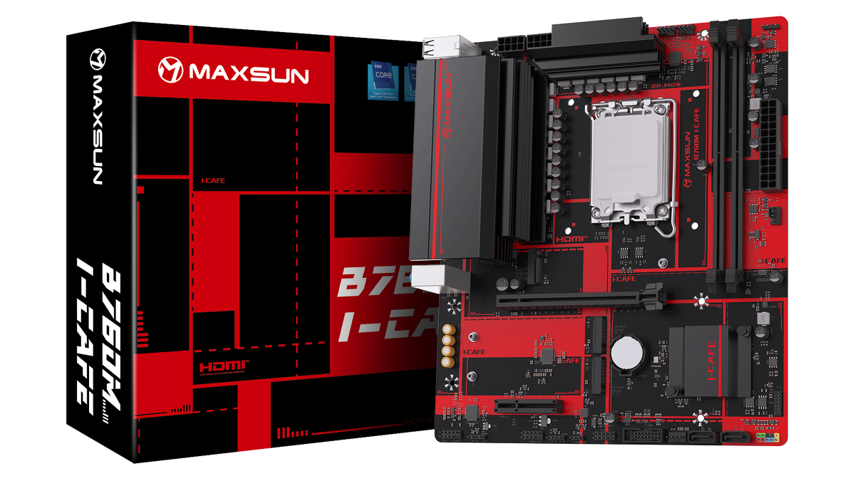 Maxsun B760M I-CAFE DDR5 ona plata, LGA1700, 3 ta M.2, PCIe 5.0, Micro-ATX