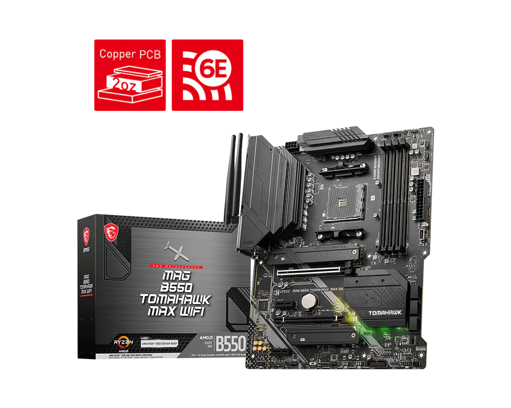 MSI MAG B550 TOMAHAWK MAX WIFI DDR4 ona plata, AM4, Wi-Fi 6E, ATX