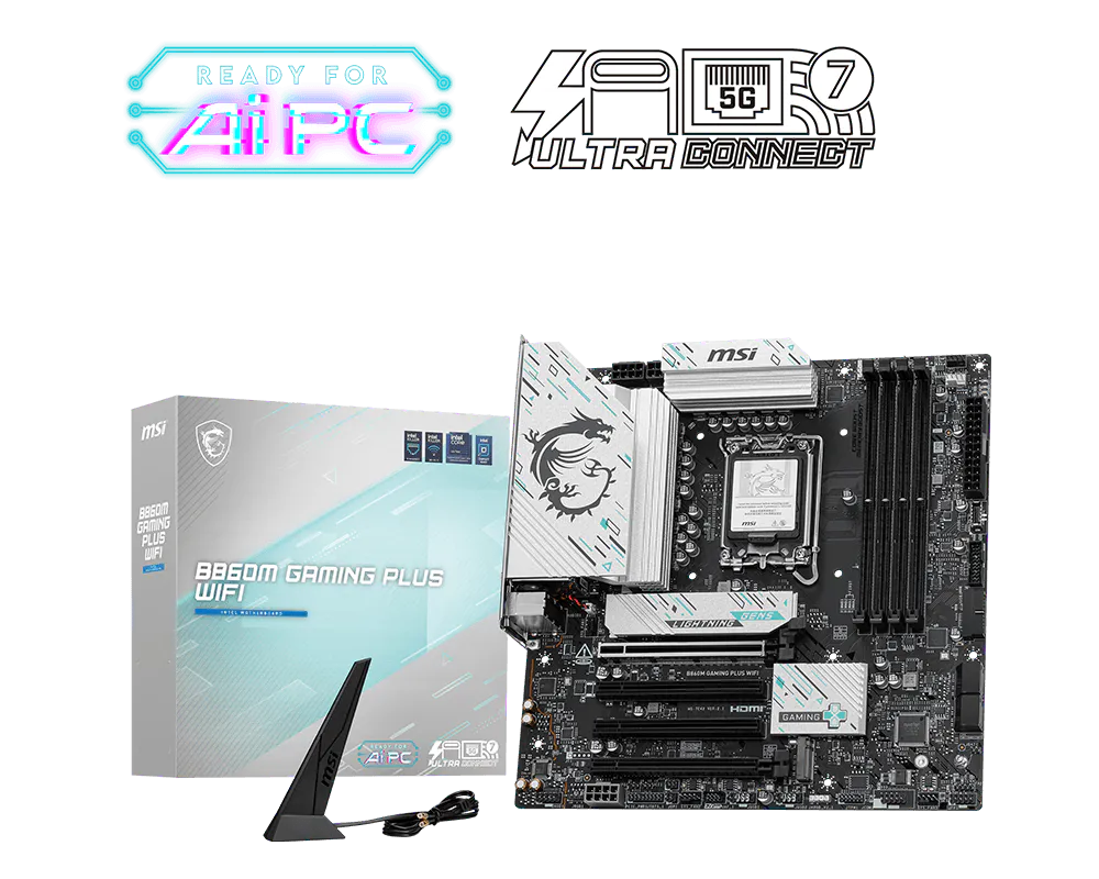 MSI B860M GAMING PLUS WIFI DDR5 ona plata, LGA1851, Wi-Fi 7, Micro-ATX