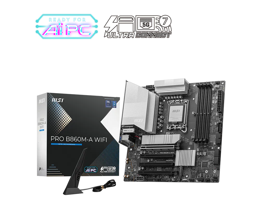 MSI PRO B860M-A WIFI DDR5 ona plata, LGA1851, Wi-Fi 7, Micro-ATX