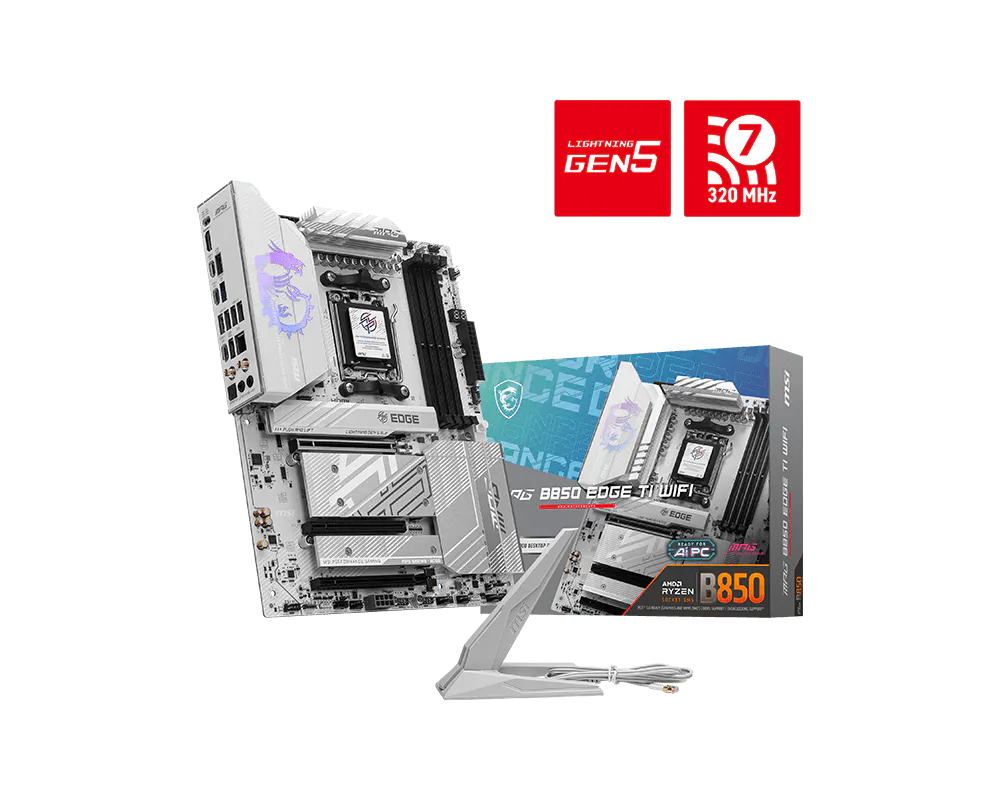 MSI MPG B850 EDGE TI WIFI DDR5 ona plata, AM5, 4 ta M.2, Wi-Fi 7, ATX
