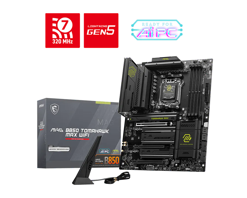 MSI MAG B850 TOMAHAWK MAX WIFI DDR5 ona plata, AM5, 4 ta M.2, Wi-Fi 7, ATX