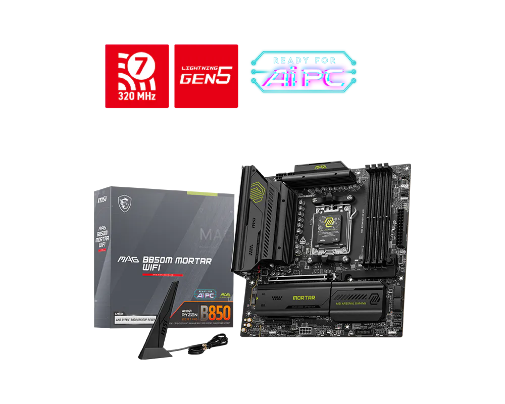 MSI MAG B850M MORTAR WIFI DDR5 ona plata, AM5, 3 ta M.2, Wi-Fi 7, Micro-ATX