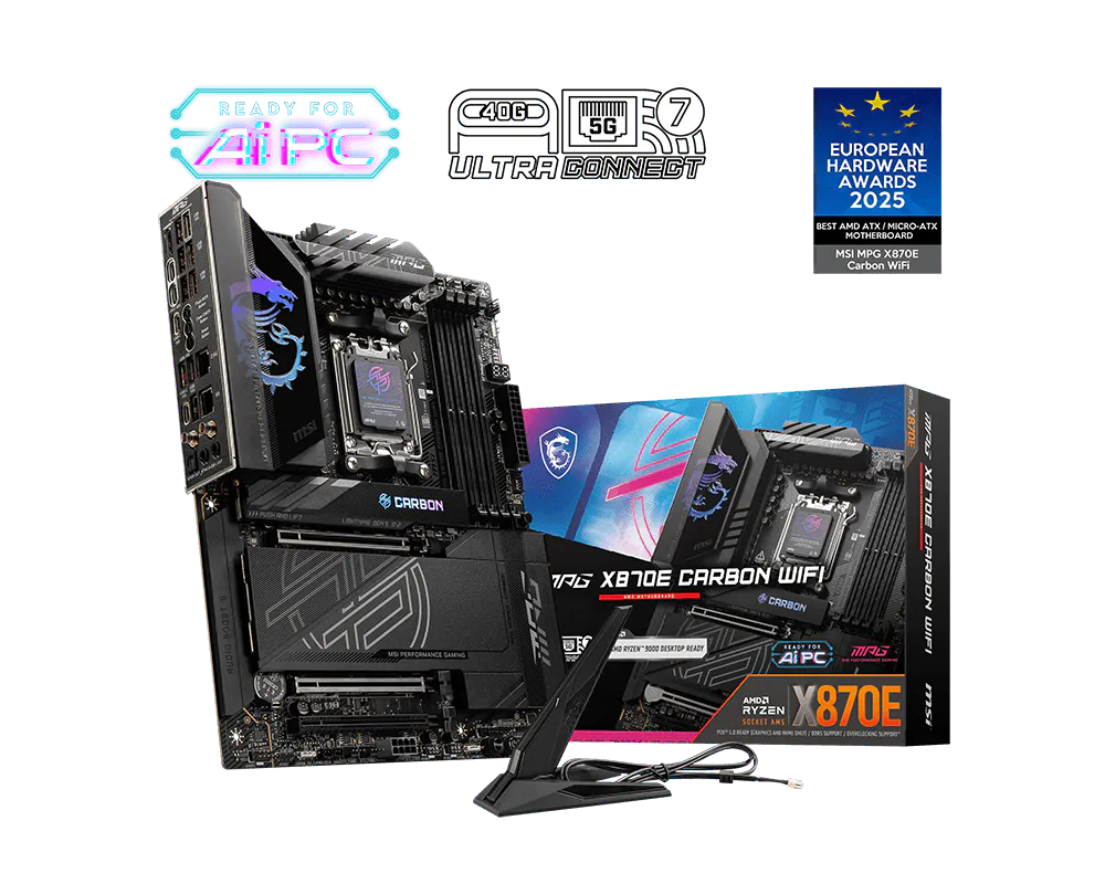 MSI MPG X870E CARBON WIFI DDR5 ona plata, AM5, ikkita LAN, USB4, ATX
