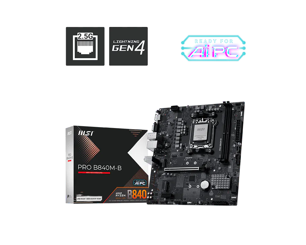 MSI PRO B840M-B DDR5 ona plata, AM5, 2 ta M.2, Micro-ATX