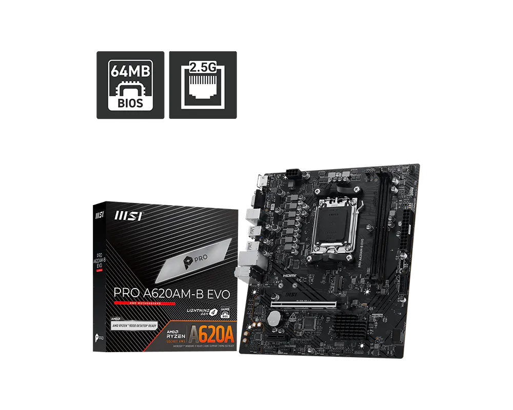 MSI PRO A620AM-B EVO DDR5 ona plata, AM5, 2.5G LAN, Micro-ATX