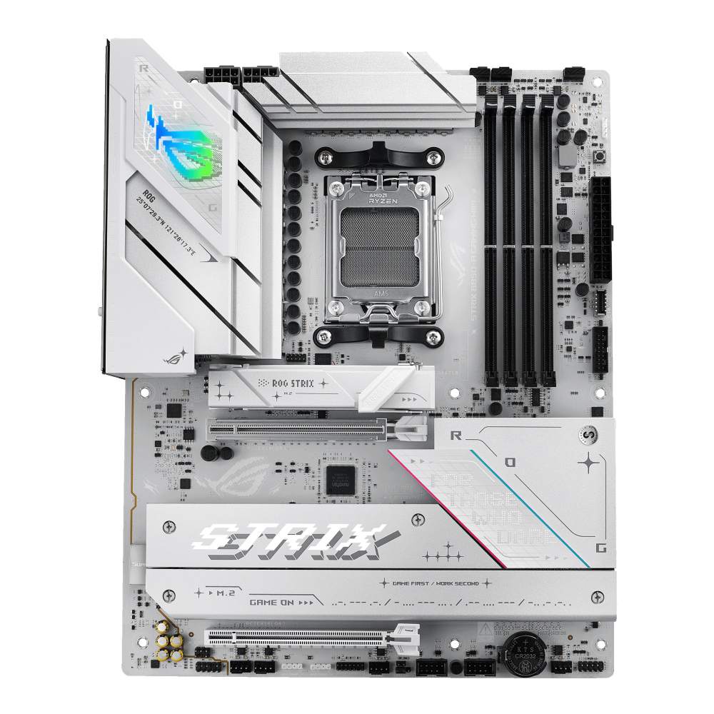 ASUS ROG STRIX B850-A GAMING WIFI ona plata, AM5, oq dizayn, ATX
