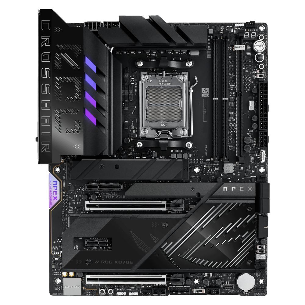 ASUS ROG CROSSHAIR X870E APEX ona plata, AM5, overclocking, ATX