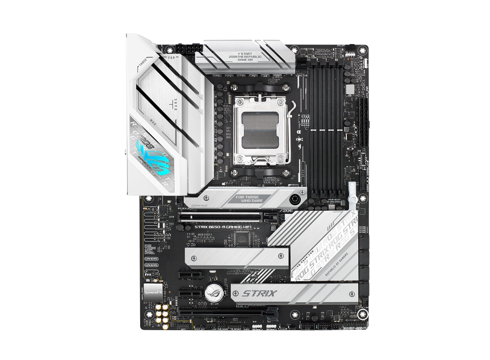 ASUS ROG STRIX B650-A GAMING WIFI ona plata, AM5, oq dizayn, ATX